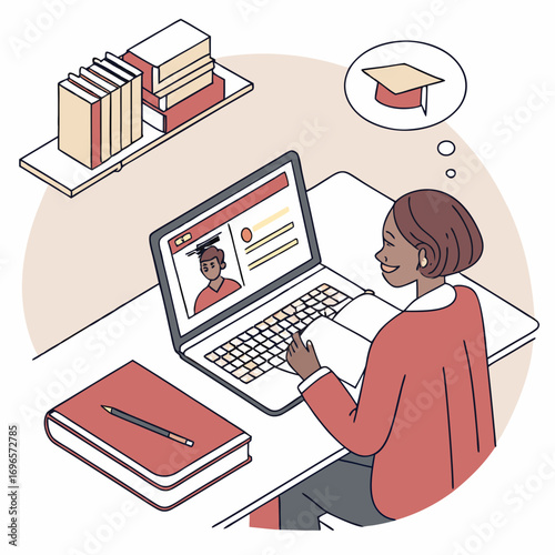 Watching video player webinar on workplace working laptop vector, concept of distance learning, video tutorial business online training, education on computer e-learning study, flat desktop table