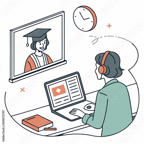Watching video player webinar on workplace working laptop vector, concept of distance learning, video tutorial business online training, education on computer e-learning study, flat desktop table