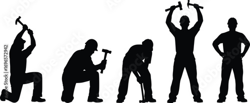 Silhouettes of construction workers in different hammering and standing poses, showcasing labor, teamwork, safety gear, manual work, and effort.