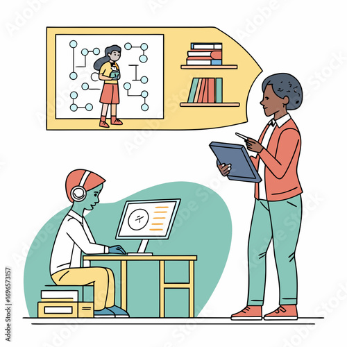 AI technology in education set. Student and teacher characters using artificial intelligence generative tools for learning, teaching, school lesson planning, exam preparation. Vector illustration.