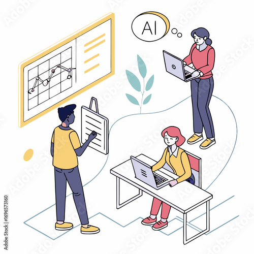 AI technology in education set. Student and teacher characters using artificial intelligence generative tools for learning, teaching, school lesson planning, exam preparation. Vector illustration.