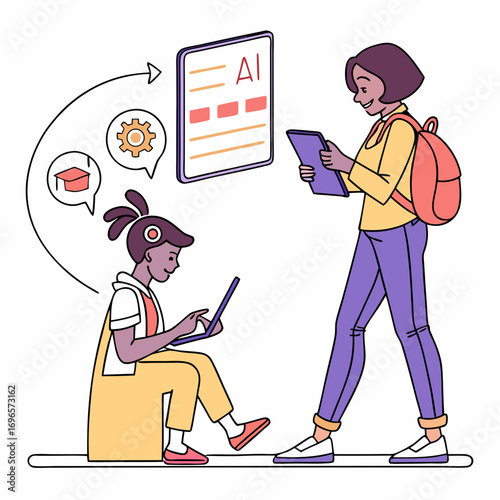 AI technology in education set. Student and teacher characters using artificial intelligence generative tools for learning, teaching, school lesson planning, exam preparation. Vector illustration.
