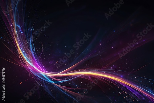 A vibrant, abstract digital background filled with glowing neon light trails and flowing energy waves. Bright streaks of purple, pink, and blue twist and swirl across a deep midnight gradient, leaving