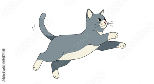Cartoon gray cat jumping with joy, a playful animation character in mid-air, adorable feline art with a dynamic pose capturing movement and energy