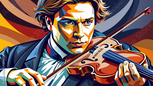 Close-up portrait of male violinist holding violin gracefully. Isolated background emphasizes melody, harmony, and artistic passion.