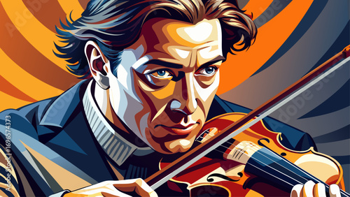 Close-up portrait of male violinist holding violin gracefully. Isolated background emphasizes melody, harmony, and artistic passion.