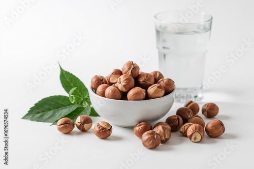 Healthy lifestyle with glass of hazelnut milk in natural setting
