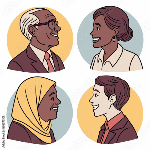 Set of business people avatars. Collection of portraits of happy men and women of different ages and races. Vector illustration
