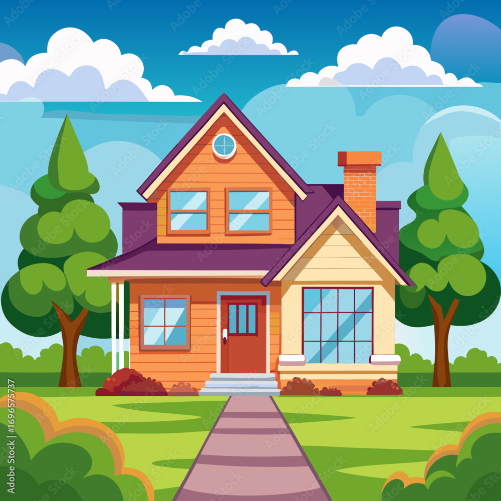 Fototapeta premium Charming suburban house with front yard and trees vector illustration for adobe stock