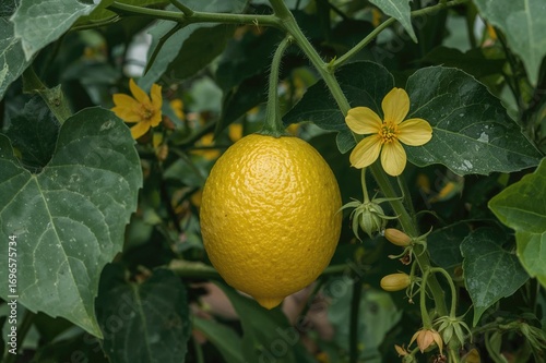 Organic backyard garden showcasing lemon-shaped cucumber fruits and blooming flowers on the vine
