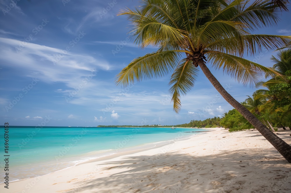 Fototapeta premium Scenic white sand beach lined with palm trees and clear blue waters.
