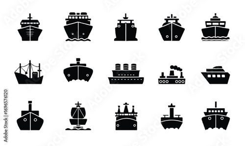 Variety of boat icons and ship silhouettes representing maritime transport and naval themes