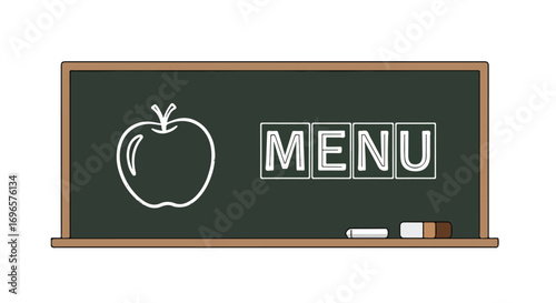 Hand-drawn classroom blackboard with apple icon and the word menu illustrating school lunch program, evoking nostalgic educational atmosphere