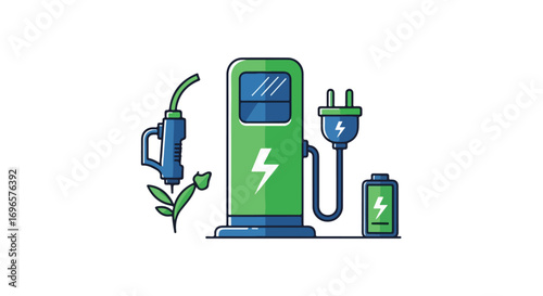 Vector illustration promoting electric vehicle charging station with alternative energy power for sustainable transportation, modern design with