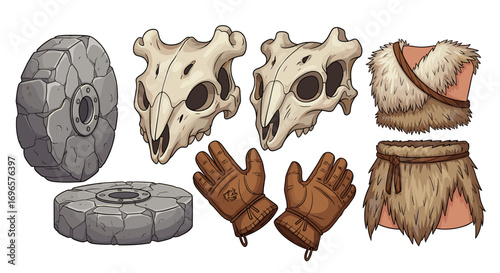 Cartoon Stone Age Elements: Skulls, Wheel, Fur Vest, Gloves Isolated