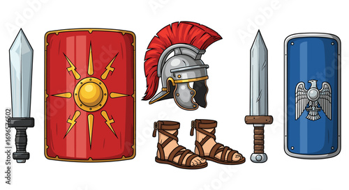 Cartoon Set Depicting Ancient Roman Soldier Equipment and Elements