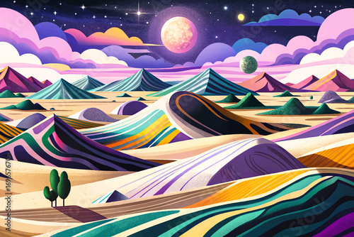Abstract fantasy desert with surreal geometric dunes, mystical horizon, dreamlike magical atmosphere, unique landscape design