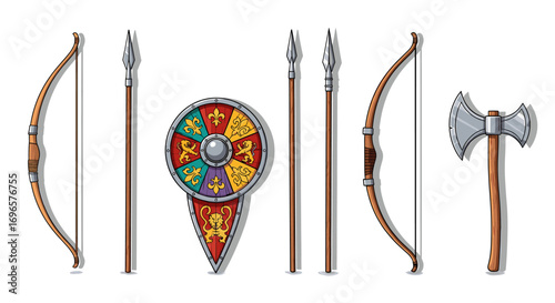 Medieval Weaponry and Heraldry: An Arsenal of Battle Equipment on White