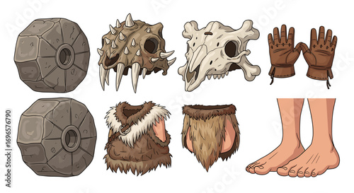 Cartoon rendering showcasing tools and attire from a stone age era