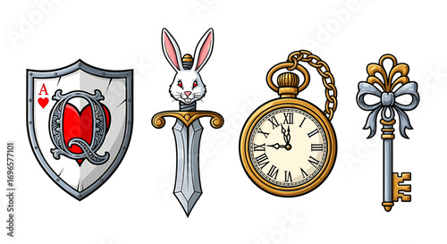 Whimsical Alice in Wonderland Icons: Shield, Rabbit, Clock, and Key