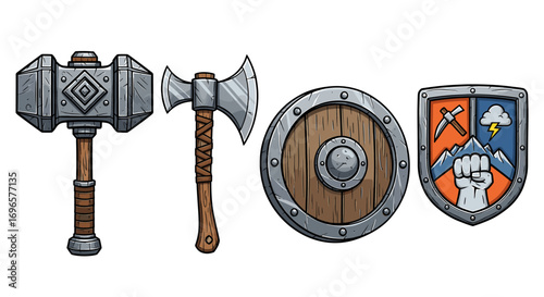 Cartoon fantasy weaponry: Hammer, axe, wooden round shield, and heraldic shield.
