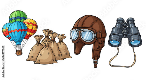 Vintage Adventure: Hot Air Balloons, Loot, Pilot Helmet, and Binoculars