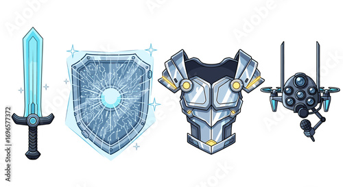 Fantasy Game Assets with Futuristic Sword, Shield, Armor, and Drone