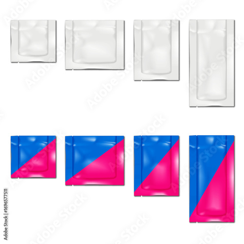 Sachet with tear notches. 3d mockup. Blank white and color design. Easy to edit. Flat plastic pouch bag. Realistic vector mock-up. Retail product individual wrapper package. Template set