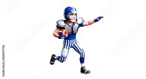 cartoon american football player dynamic play, gridiron action, determined athlete, 3d render, isolated on transparent background