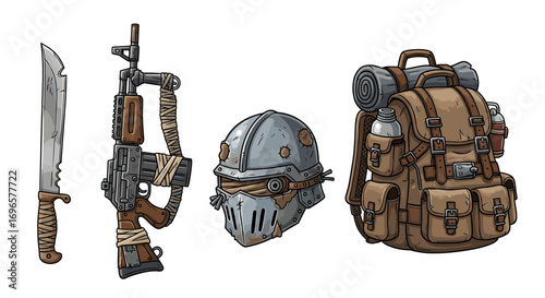 Cartoon post-apocalyptic survival gear against white background for digital composition
