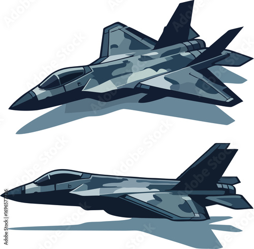 Modern Stealth Fighter Jet Vector Illustration – Camouflage Military Aircraft Set Isolated