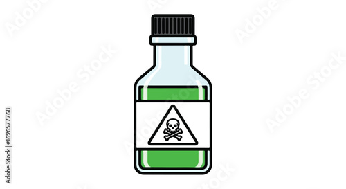 Stylized poison bottle illustration with skull and crossbones, caution symbol, and green liquid in a minimalist design perfect for health and safety