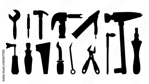 Silhouette tools hammer wrench screwdriver pliers saw construction equipment repair hardware kit toolbox set