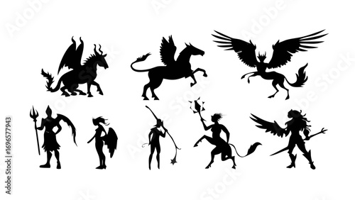 Silhouette mythical creatures pegasus unicorn centaur angel demon vector illustration fantasy artwork graphic art