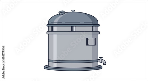 Cartoon style illustration of an industrial tank with a tap for chemical or food production or other industrial application
