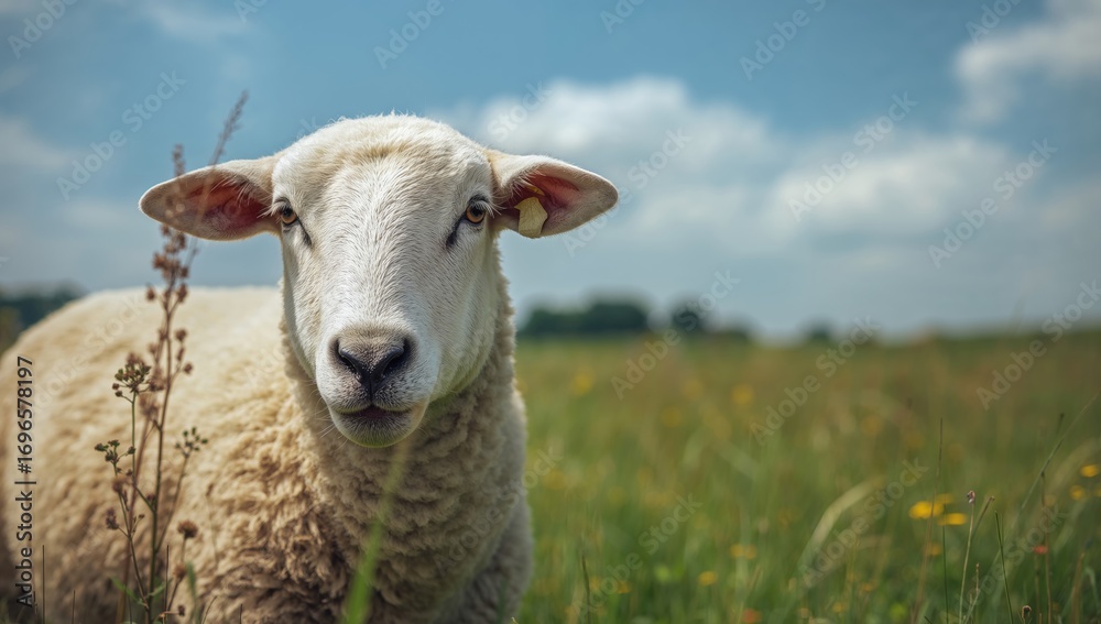 Fototapeta premium Sheep viewed closely in a grassy area