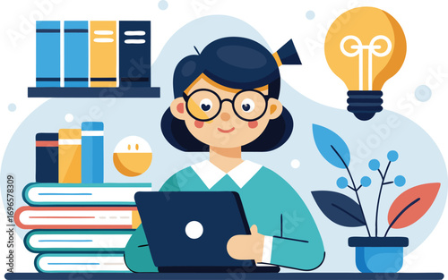 Student Studying Online with Laptop and Books Vector Illustration,educational icons,digital learning elements,online education,modernstudy, academic success,Perfect for concepts related to e-learning,