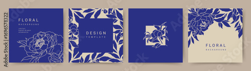 Elegant luxury blue background with hand drawn floral pattern. Floral frame. Vector templates for wedding invitation, greeting card, packaging, branding, design, social media