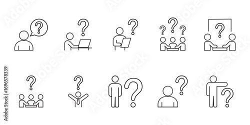 question. to ask questions. icons. look for answers to questions. frequently asked questions. icon with questions. banner. advertisement. black lines.