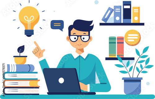 Student Studying Online with Laptop and Books Vector Illustration,educational icons,digital learning elements,online education,modernstudy, academic success,Perfect for concepts related to e-learning,