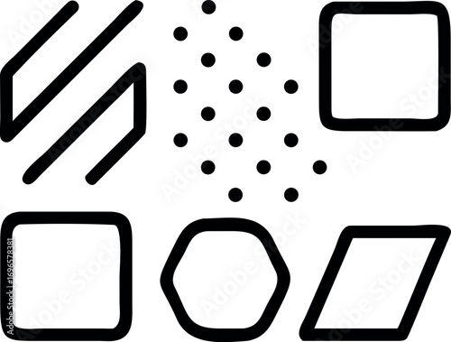 A collection of versatile hand-drawn geometric shapes and abstract patterns, forming a dynamic set of minimalist design elements for creative projects and modern aesthetics.