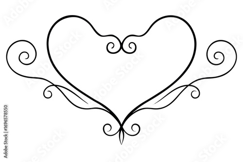Elegant Black Heart Flourish with Swirls and Leaves, Romantic Decorative Element