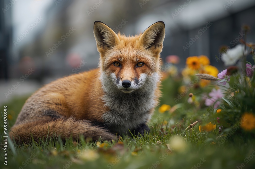 Obraz premium Close-up of a red fox resting on grass in a city environment