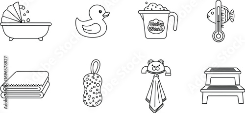 Collection of charming line art icons for baby bath time essentials