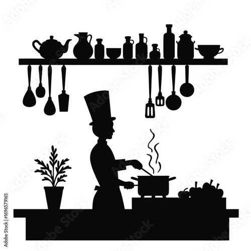 Chef cooking in kitchen silhouette with pots and utensils Keywords: chef, cooking, kitchen