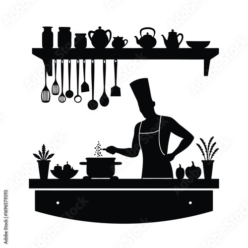 Chef adding ingredients to a pot in a kitchen silhouette Keywords: chef, cooking, kitchen