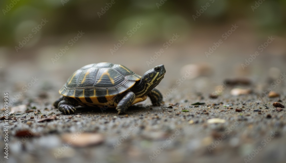Obraz premium A Small Turtle Taking a Slow and Steady Journey Down a Forest Path