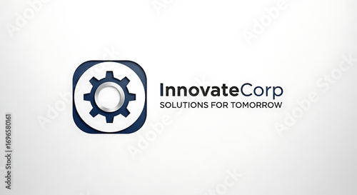 Modern logo with gear icon and company name, representing innovation and solutions.