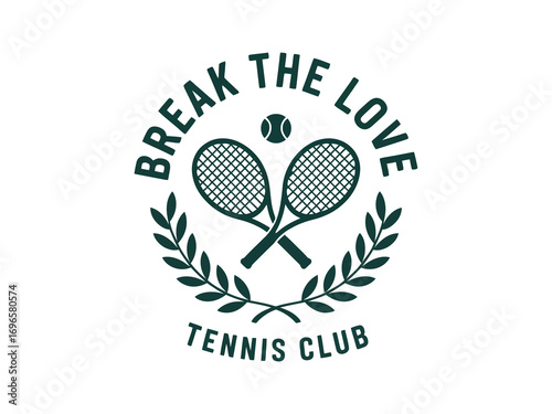 Vintage tennis club logo design with crossed racquets and a laurel wreath. Retro sports emblem for a tournament or team identity. Vector graphic badge illustration