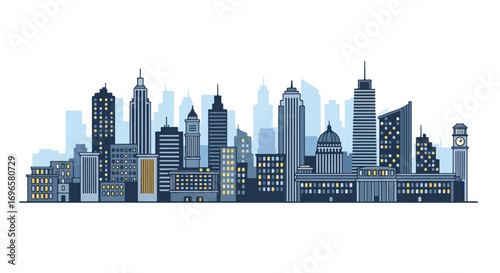 Stylized city skyline illustration showcasing urban architecture and modern design elements in a calming blue color palette